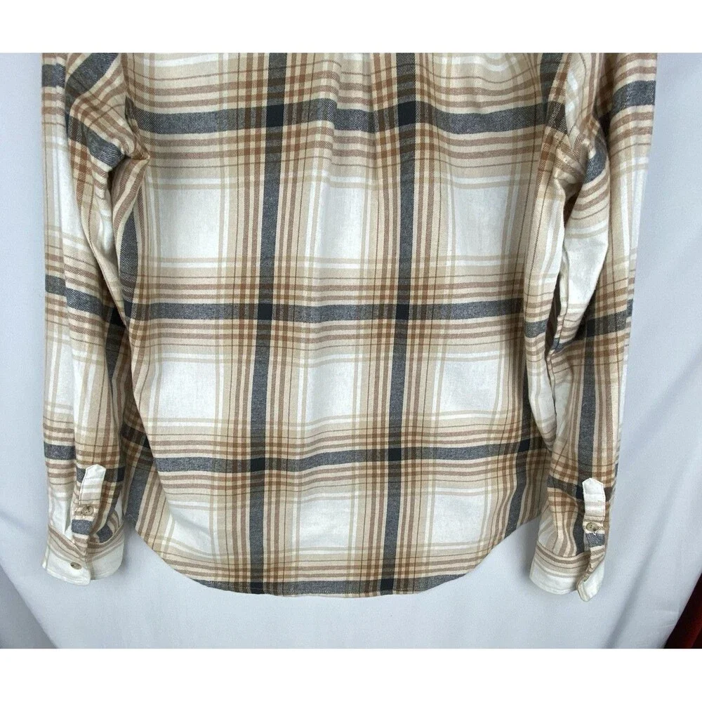 Old Navy Shirt Women LT Cream‎ Plaid Flannel Button Up Classic Fit 100% Cotton